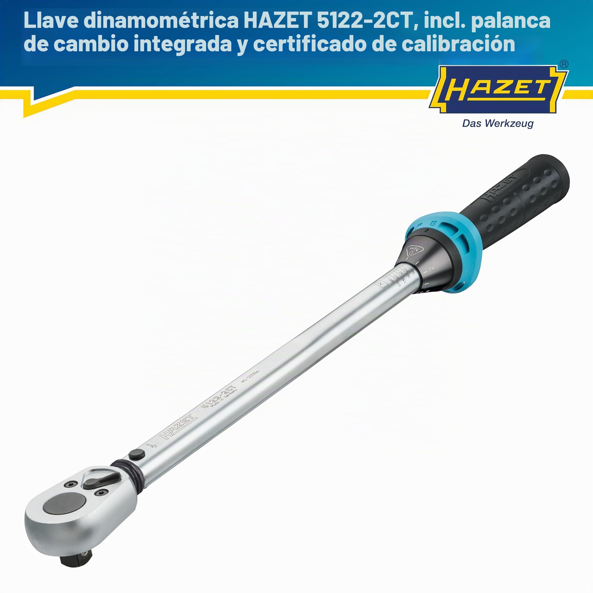 Hazet Llave dinamométrica 5122-2CT I Salida: cuadrado 12,5 mm, 1/2 pulgada, tolerancia: 4%, 32 dientes I Carraca reversible para coche y bicicleta I 519mm