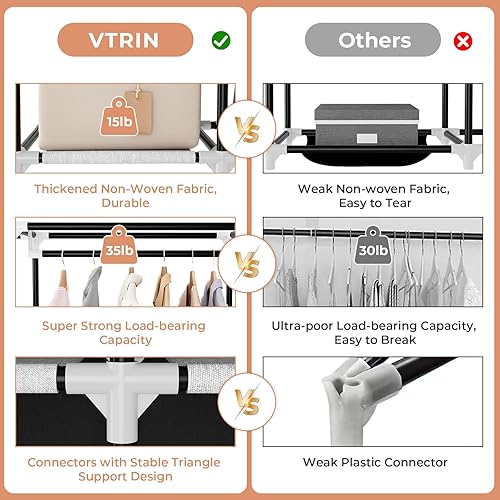 Miniatura 5 de VTRIN Armario portátil, 41.7 pulgadas de ancho para colgar ropa con 1 barra para colgar, 6 estantes, 6 bolsillos, perchero con funda, armario