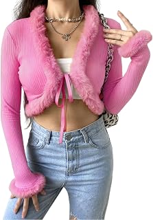 Women's Sexy Feather Trim Blouse Tops Long Sleeve Tie-up Cardigan Faux Fur Crop Top Rave Festival Outfits