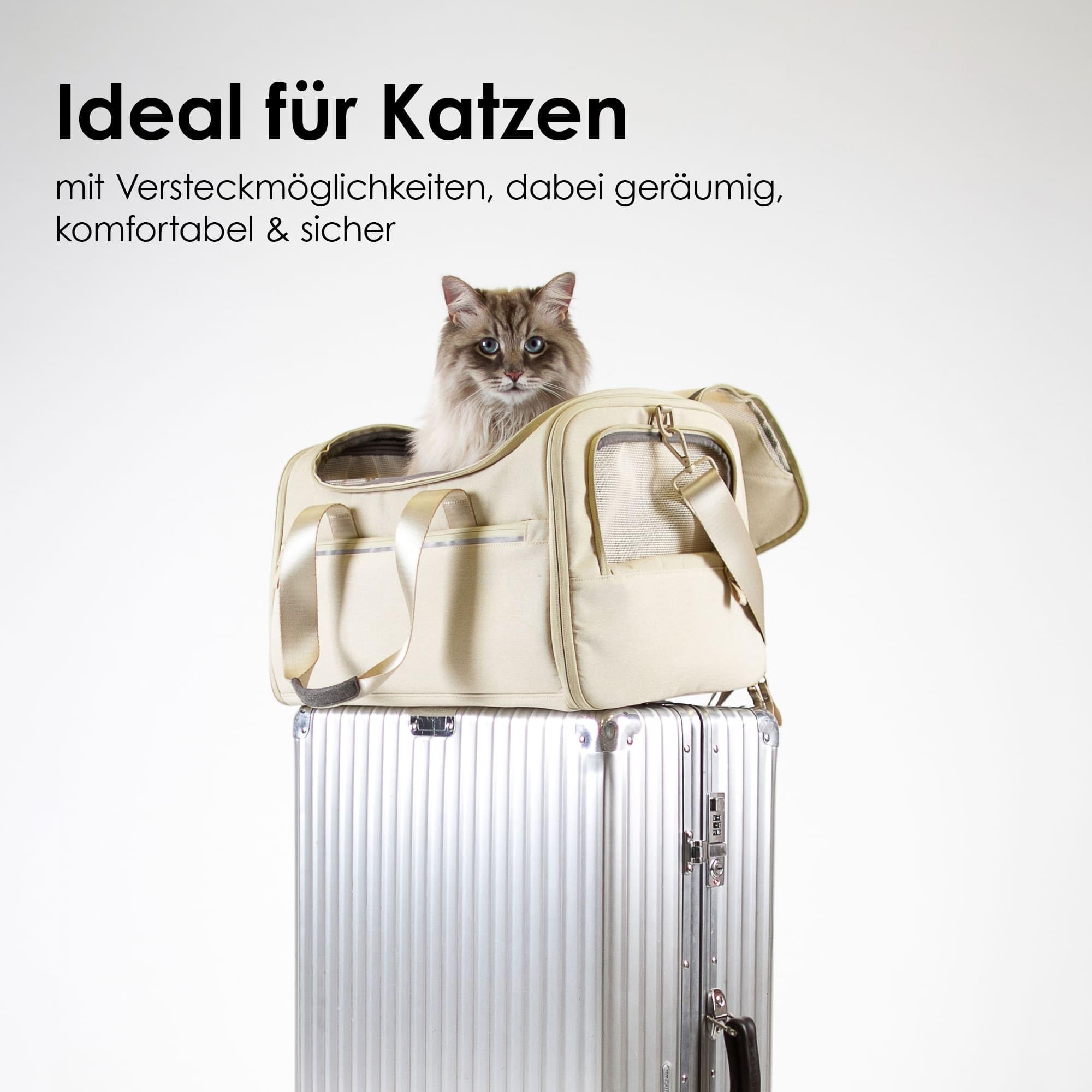 LucyBalu® Check-IN Katzentransporttasche flugtauglich I Tragetasche aus recyceltem Material I Netzfenster & Sicherheitshaken I waschbares Inlay I Sand