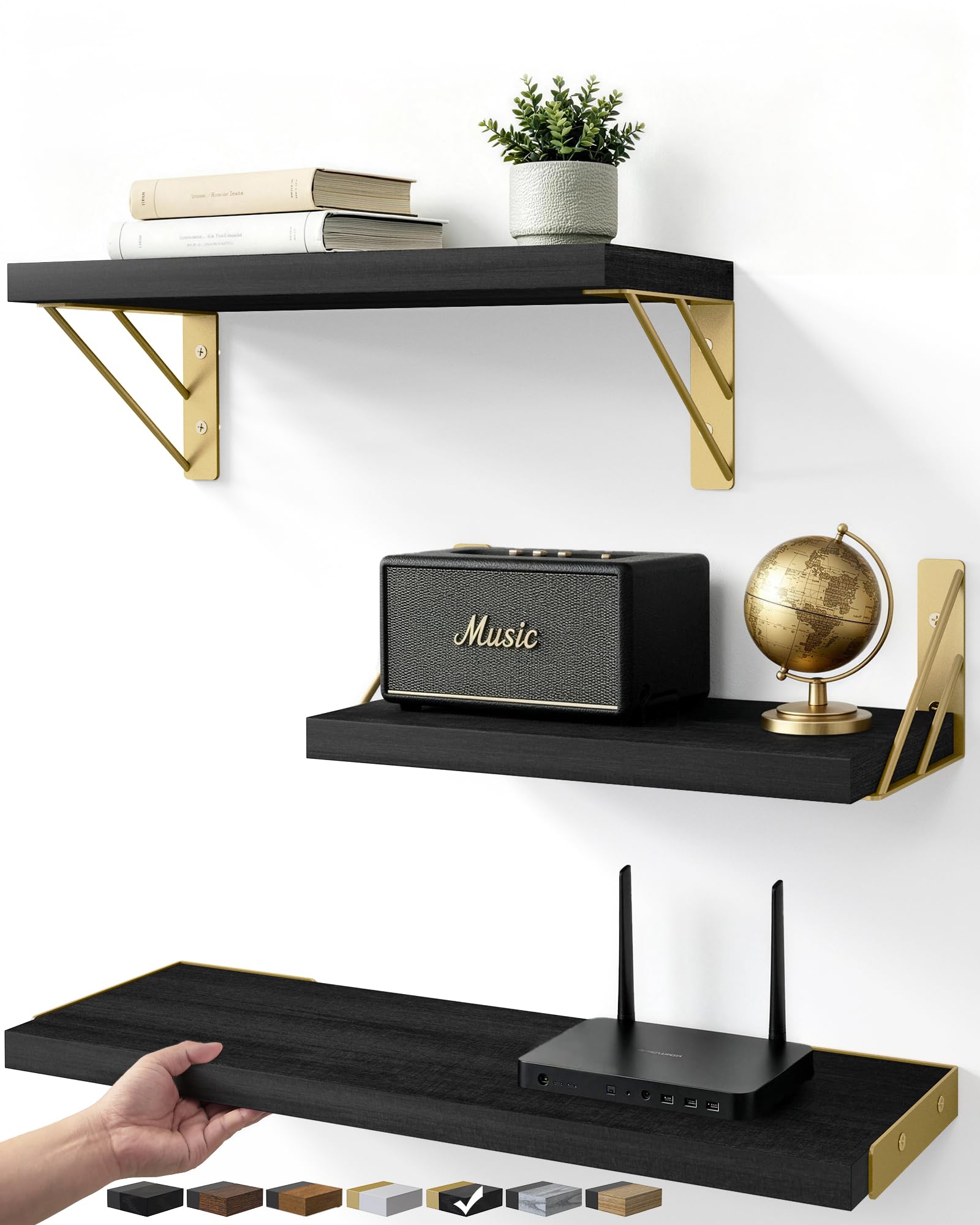 BAYKA Wall Mounted Floating Shelves (Black and Gold, Set of 3, 16" Mixed)