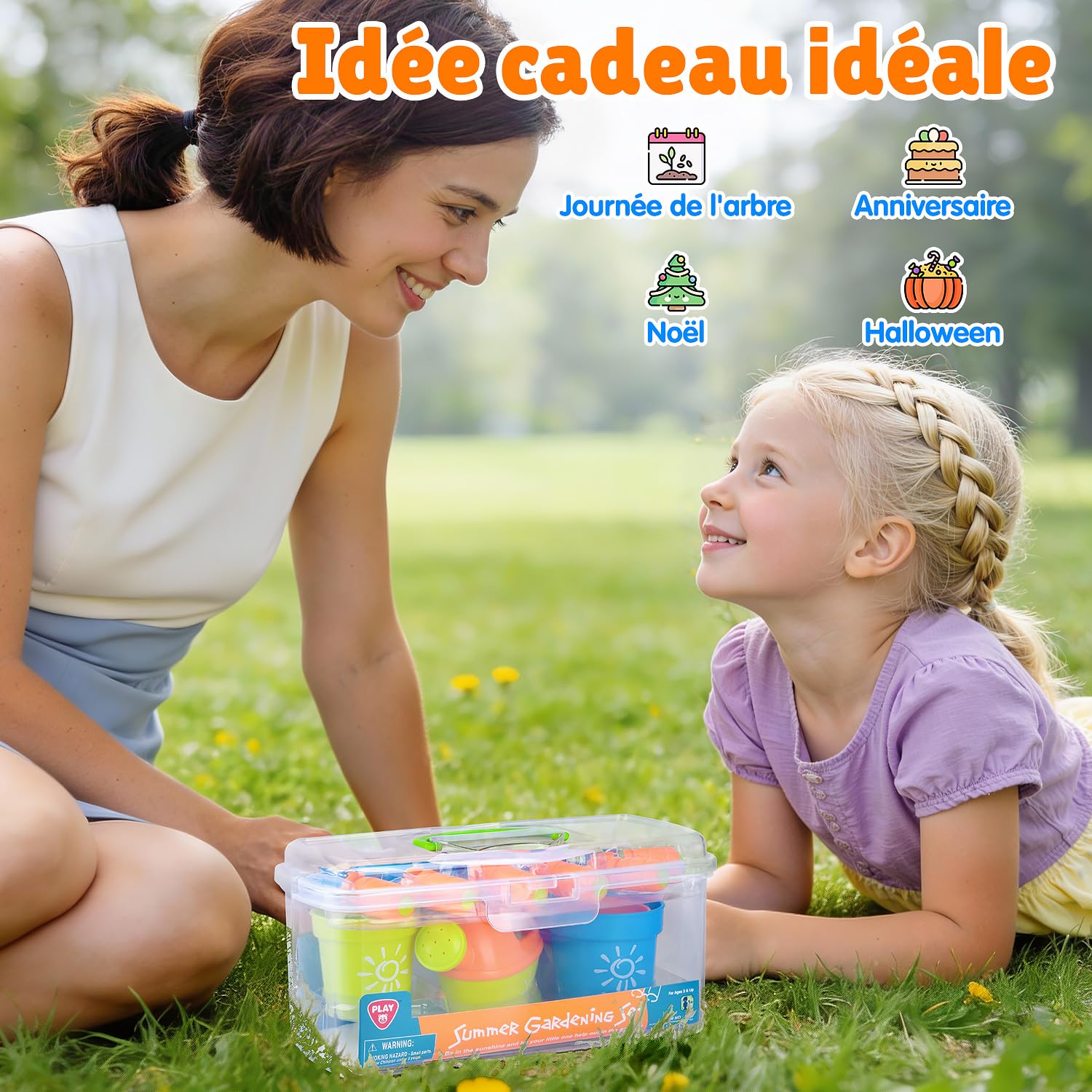 Play Ensemble d'outils de Jardinage pour Enfants avec Pelle, Fourche, Ciseaux, Pot de Fleurs, arrosoir, étiquette et boîte de Rangement, kit de Jardinage pour Enfants à partir de 3 Ans