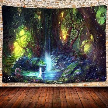 UHOMETAP Magic Forest Tapestry Fantasy Fairy Forest Landscape Bright Waterfall Wonderland Fireflies Tapestry Wall Hanging, Bedroom living Room Home Decor 80X60 Inches GTLSUH342