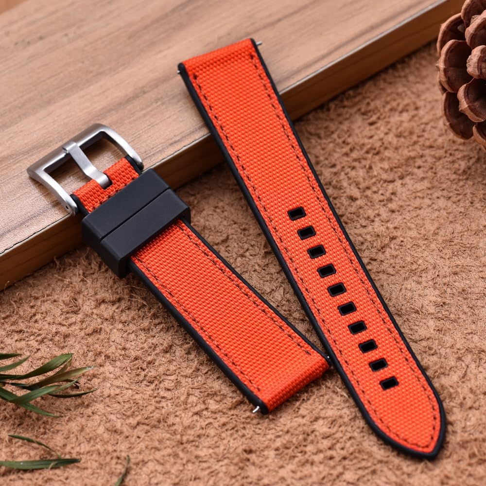 Premium Upgrades Soft Hybrid (Fkm/Fpm Rubber and Sailcloth) Watch Bands for Men,20mm 22mm Waterproof Quick Release Replacement Watch Straps,Silver/Black/Gold/Rose Gold Brushed Buckle