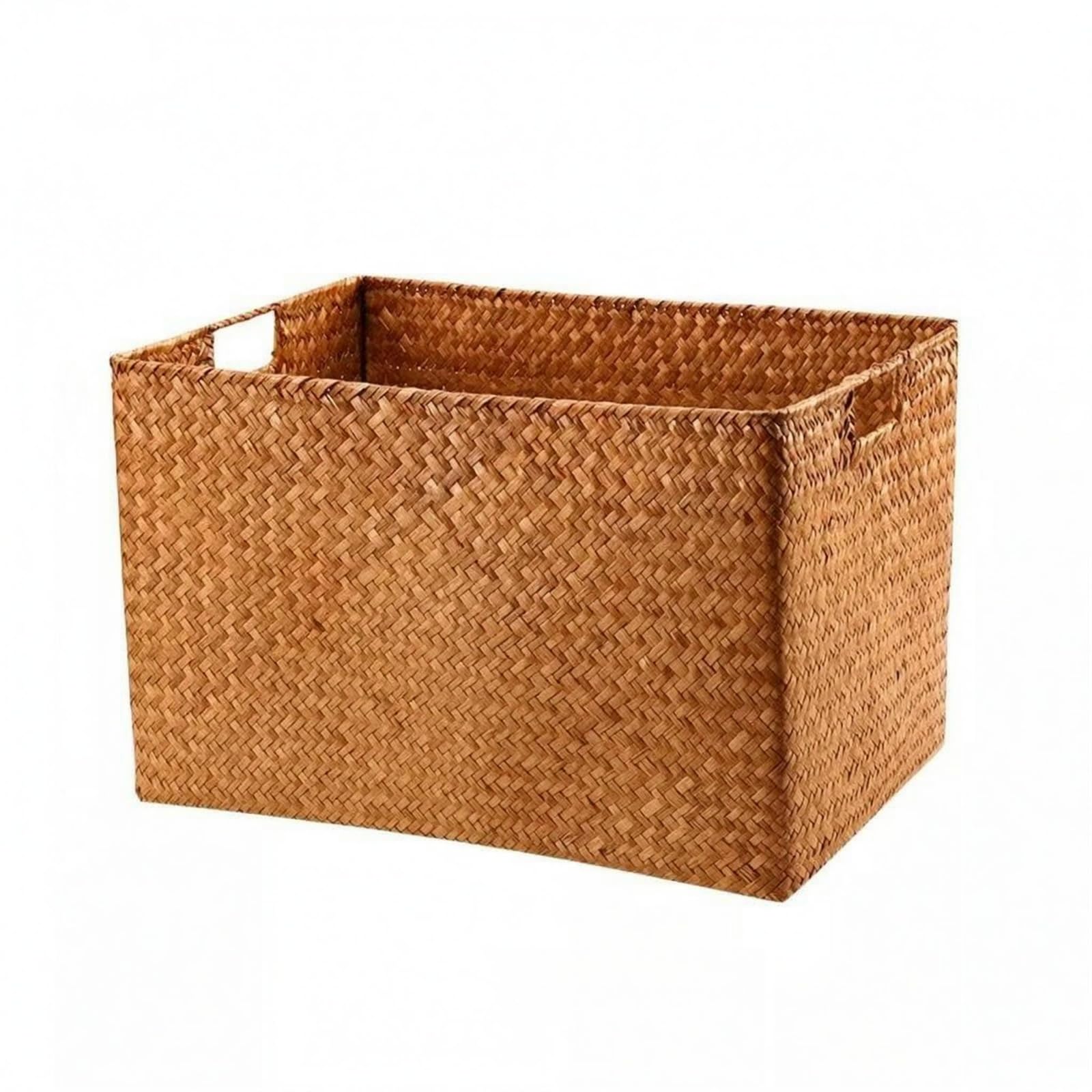 Kunststoffbox mit Grifföffnungen gewebte Struktur geflochtene Aufbewahrungsbox rechteckig Korbbox mit Deckel für Arbeitszimmer, Braun, 44x30x29 Cm