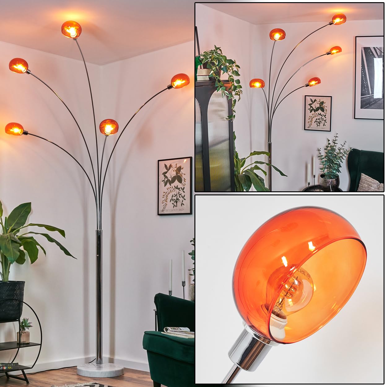 HOFSTEIN Nikkala Floor Lamp Metal White/Chrome/Orange with Marble Base, Adjustable Lamp in Retro/Vintage Design, Switch on Housing, E14, Living Room, Bedroom, Office
