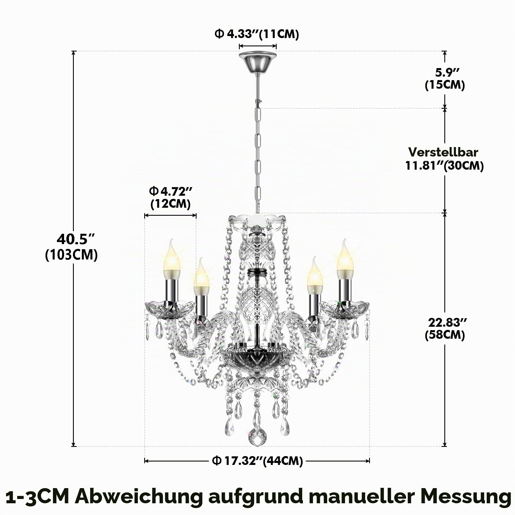 Moderner K5 Kristall-Kronleuchter, 4-flammig E14 Verstellbar Deckenleuchte für Wohnzimmer, Esszimmer, Restaurant & Hotel - Klar