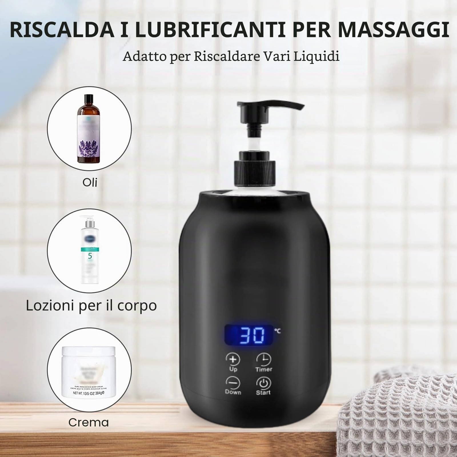 Scaldaolio da Massaggio, Riscaldatore di Olio per Bottiglia Singola con Display a LED, Dispenser di Scaldabiberon per Lozioni Portatili Regolabili in Temperatura, Bottiglia