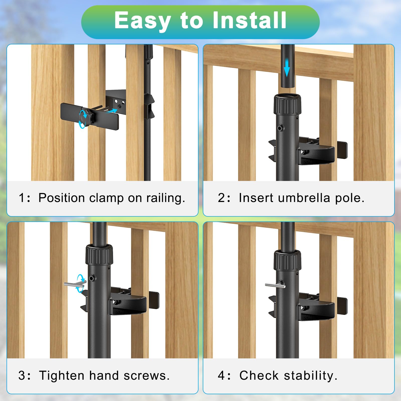 Dolibest Abrazadera para sombrilla para balcón, patio, soporte de tubo para valla, soporte de montaje en cubierta, clip de fijación ajustable para sombrilla de sol, ahorro de espacio con 3 mangas para