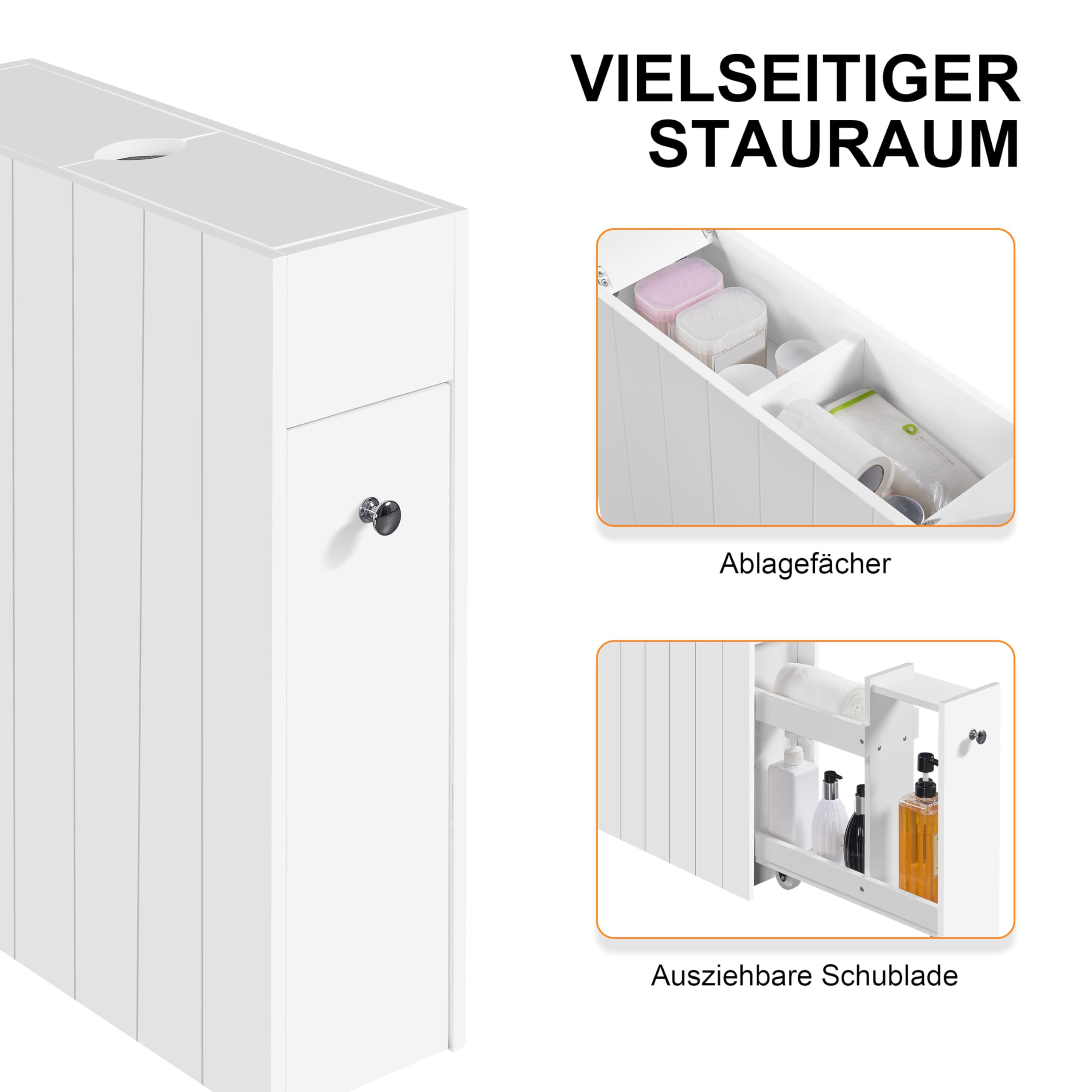 Yaheetech Nischenregal Badezimmerschrank, Schmaler Beistellschrank Badschrank mit Schubladen und Rollen, Unterschrank für Toilettenpapier, Weiß