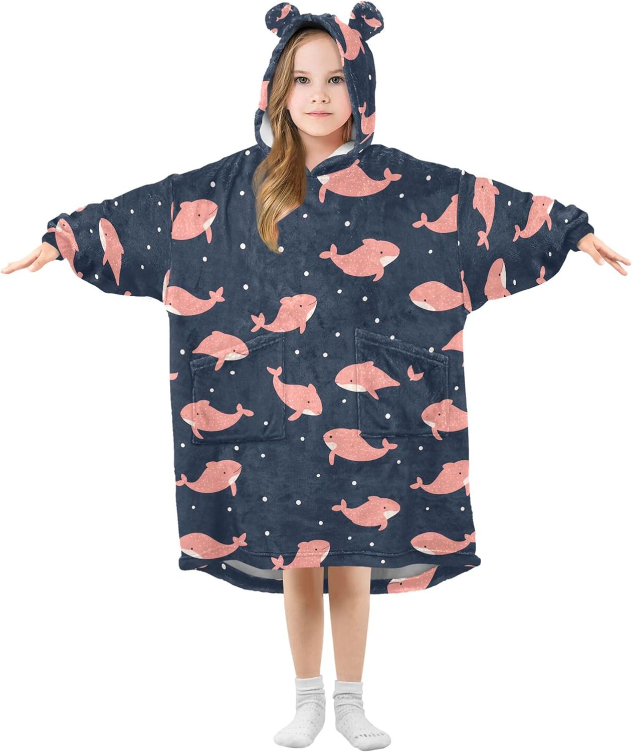 Cute Pink Dolphin Kids Wearable Blanket Hoodie with Pocket and Sleeves for Toddlers, Cute Hoodies 3-14 Year Girls Boys