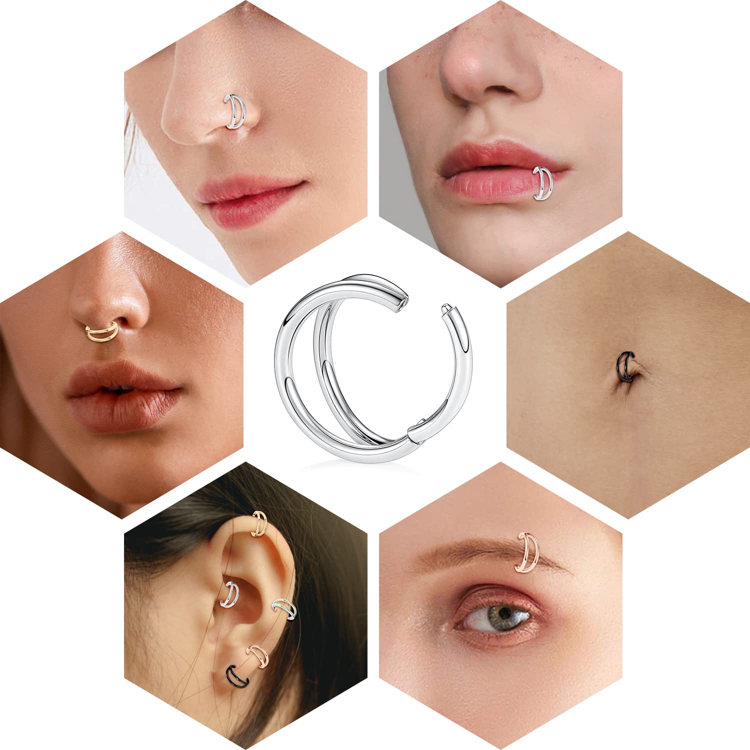 AROWRO Double Open Stack Septum Clicker Nose Rings Conch Daith Piercing Jewelry Cartilage Earring Hoop Surgical Steel Conch Daith Helix Rook Lobe Earring 18G 16G — view 4
