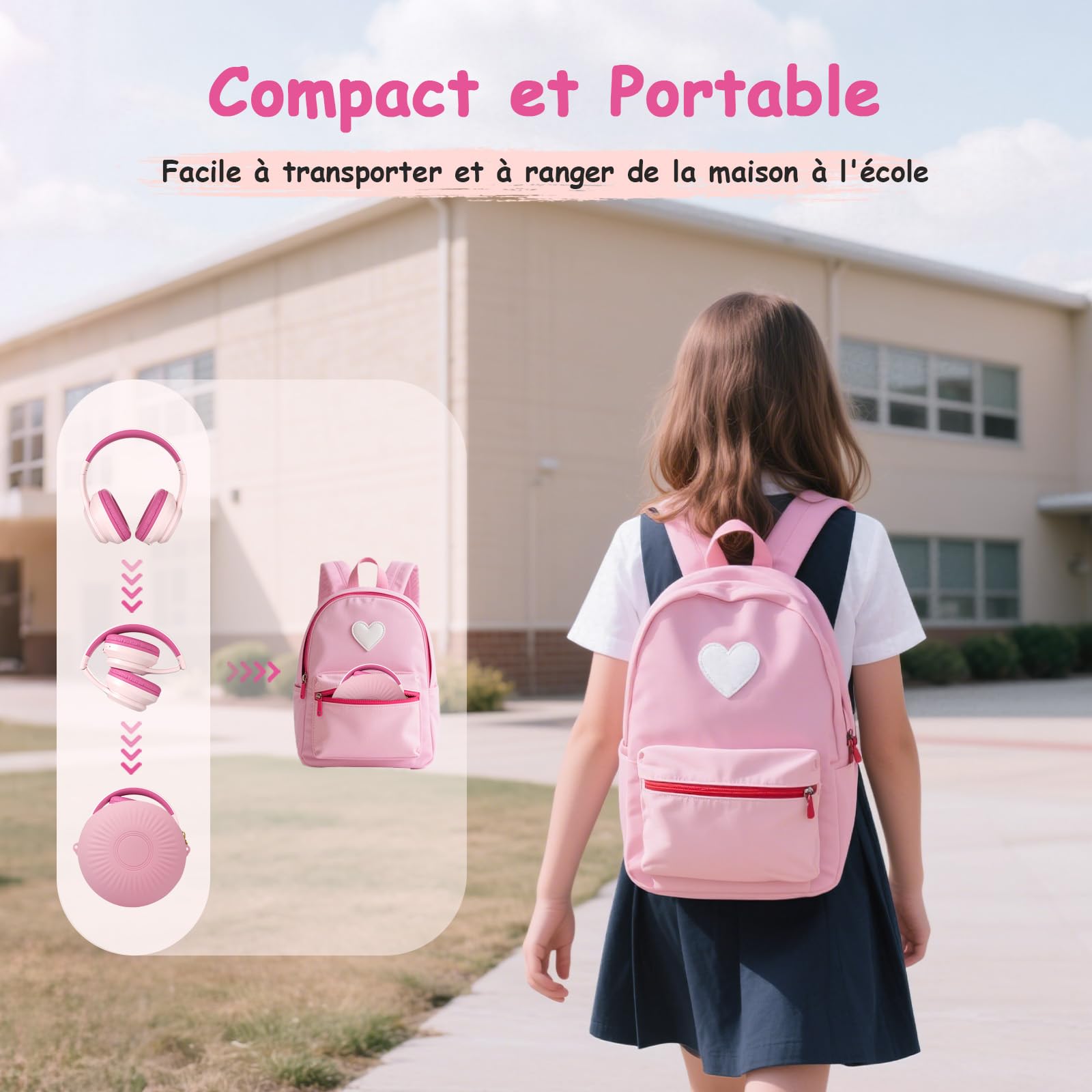 TONOSHARK Casque Bluetooth sans Fil Enfant, Casque Anti-Bruit Enfant Audio, 60h Autonomie, Micro Intégré, Over-Ear Bluetooth Headphones, pour école/Maison/Voyage – étui Inclus (Rose)