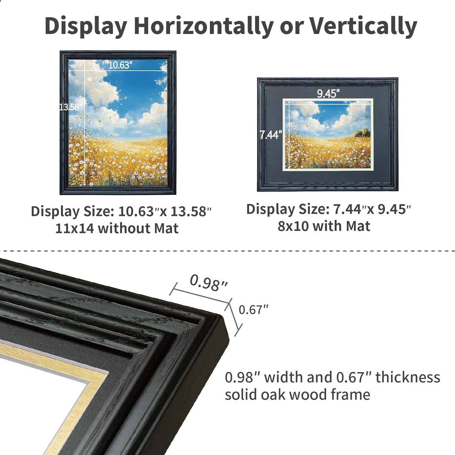 11x14 Picture Frame Matted to 8x10 - Thickened and Widened, Mortise & Tenon, USA Natural Oak Wood with Real HD Tempered Glass, Tabletop or Wall Mount Display Includes Wall Kit, Black Color, 1 Pack