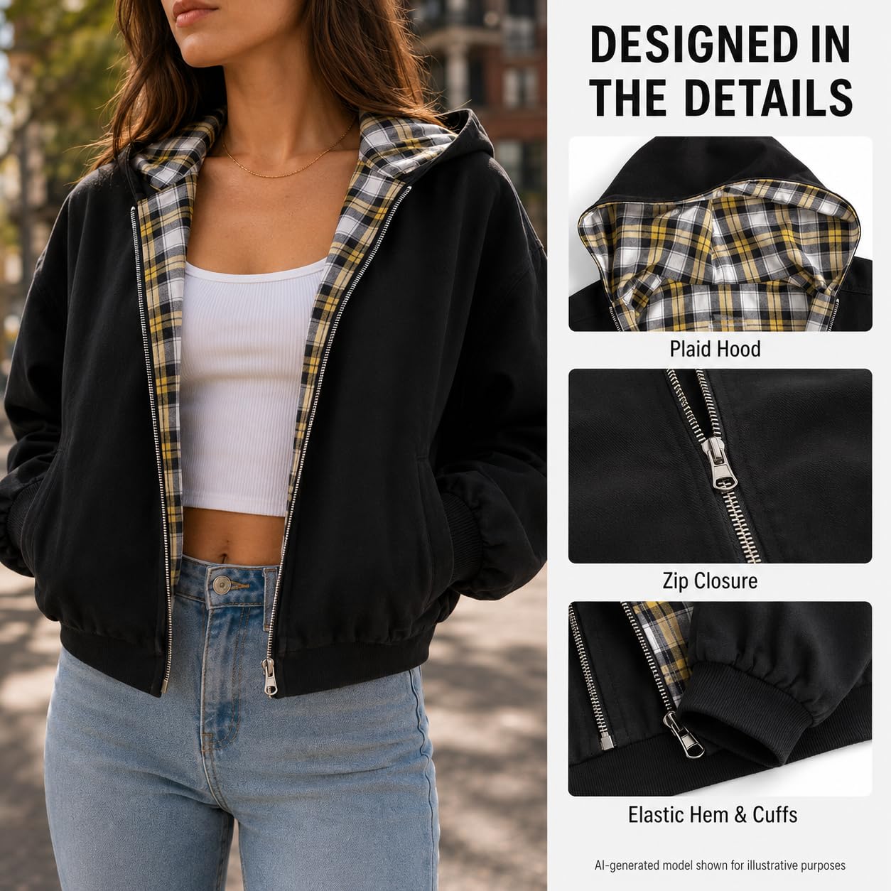 Generisch Chaqueta corta con capucha para mujer con cremallera patchwork manga larga