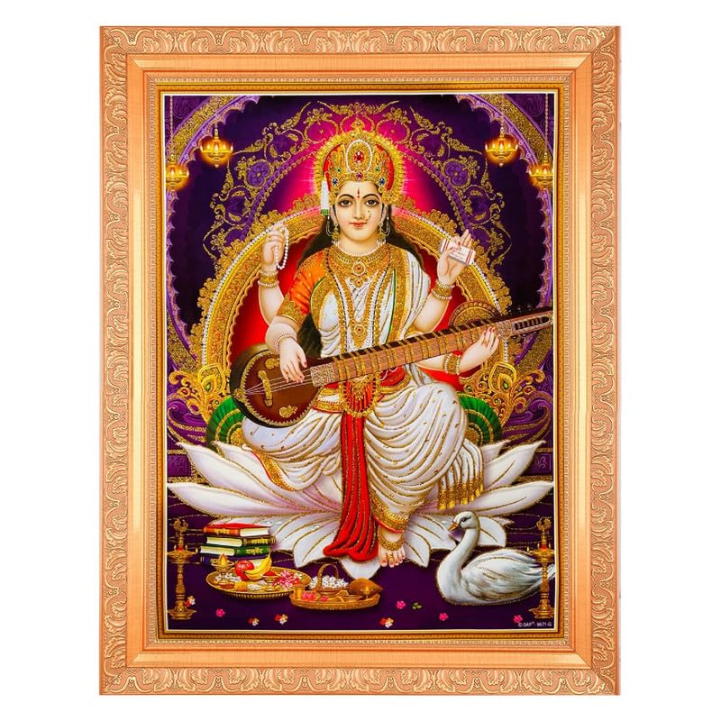 Saraswati Mata broderie dorée Zari de qualité supérieure grand format