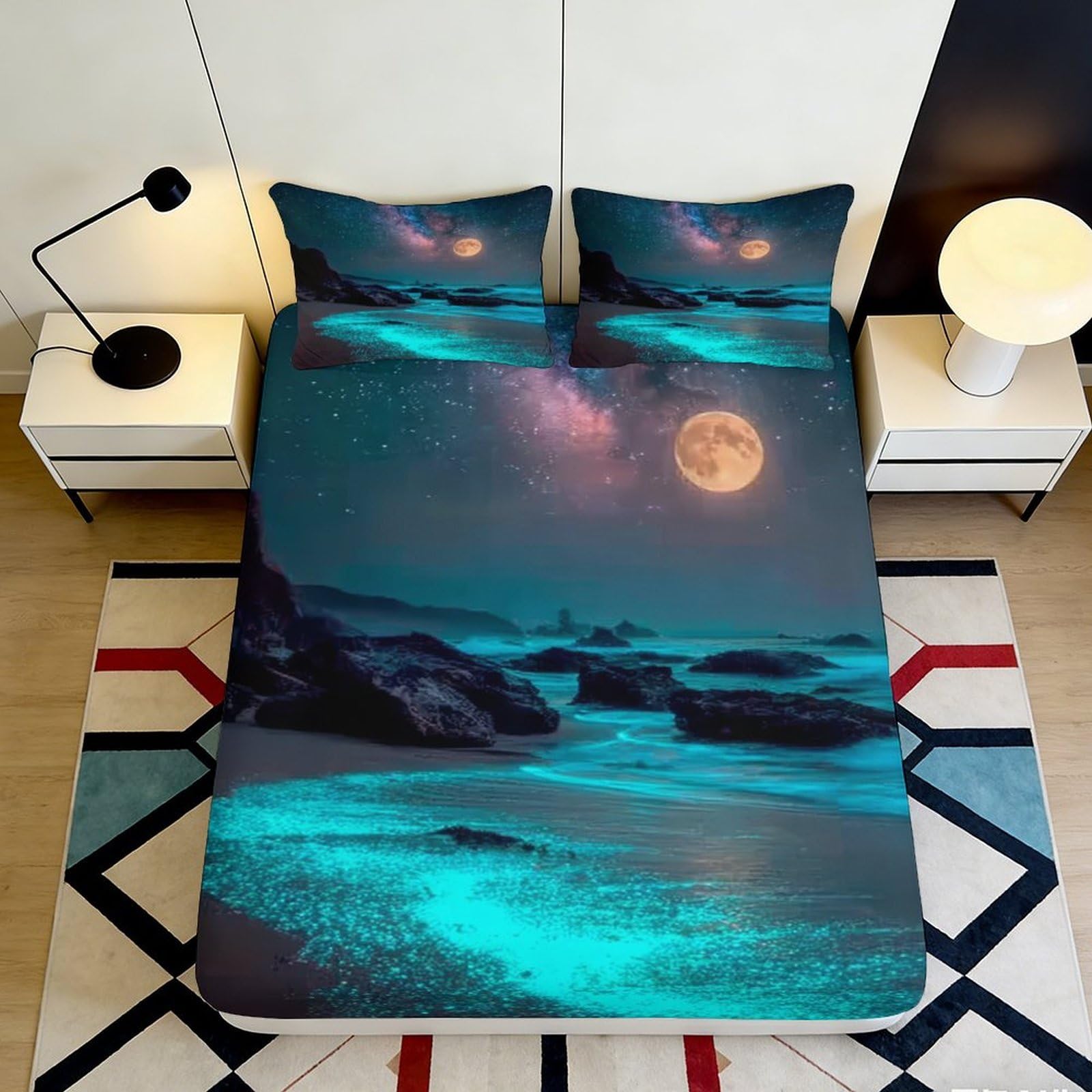 K1r3d9e5 Style-4 3D Printed Moonlight Ocean Fitted Sheet Microfiber Soft Breathable Night Sky Mattress Cover For Bedroom Guest Room Decor 90X200x25cm