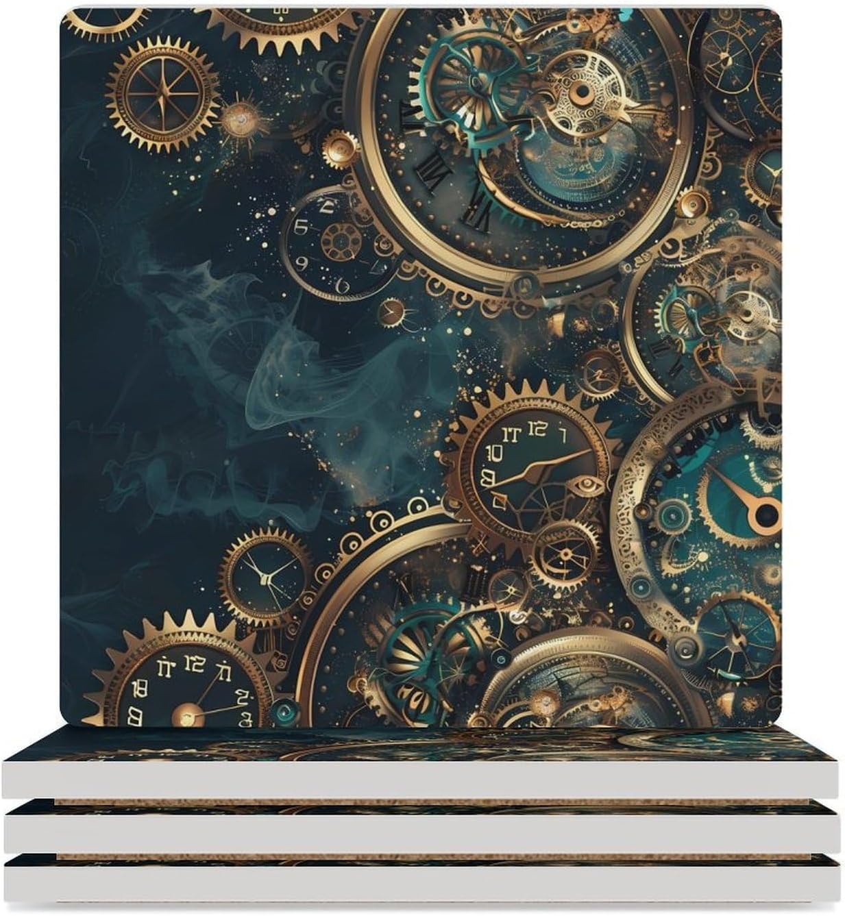 Two Steampunk Clocks with Gears Coaster for Drinks Square Ceramic Table Coasters Stone Mat Crafts 4PCS Home Kitchen Decor