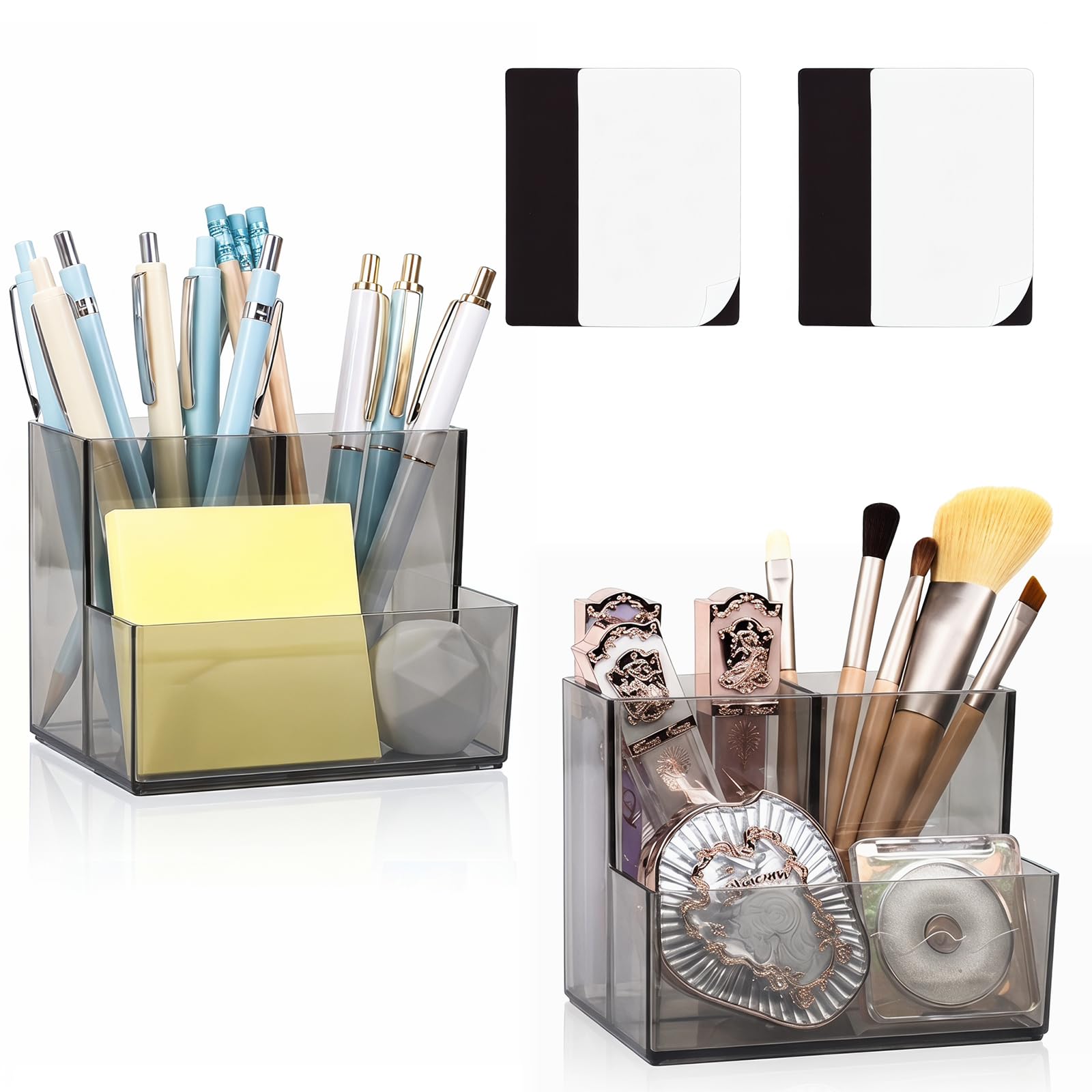 Marte Vanci Acrylic Pencil Holder, Clear Pen Pot for Desk, Makeup Brush Holder, Small Desktop Organiser Accessories 3 Slots for Office School Vanity Supplies with 2 Magnetic Squares (Grey, 2 Pack)