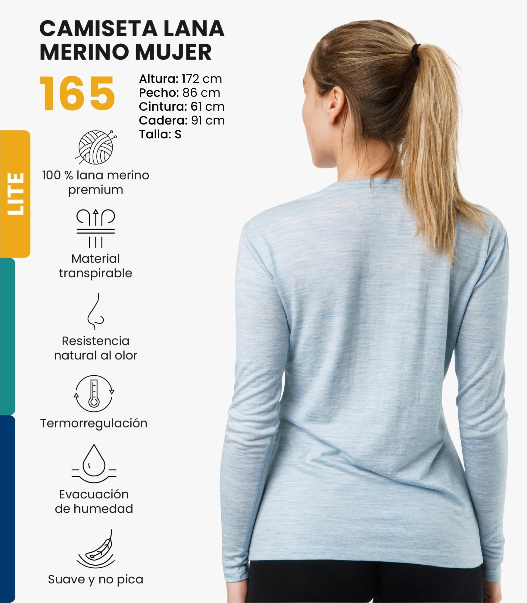 Merino.tech Camiseta Termica Lana Merino Mujer - Ropa Térmica + Calcetines (Small, 165 Arctic)