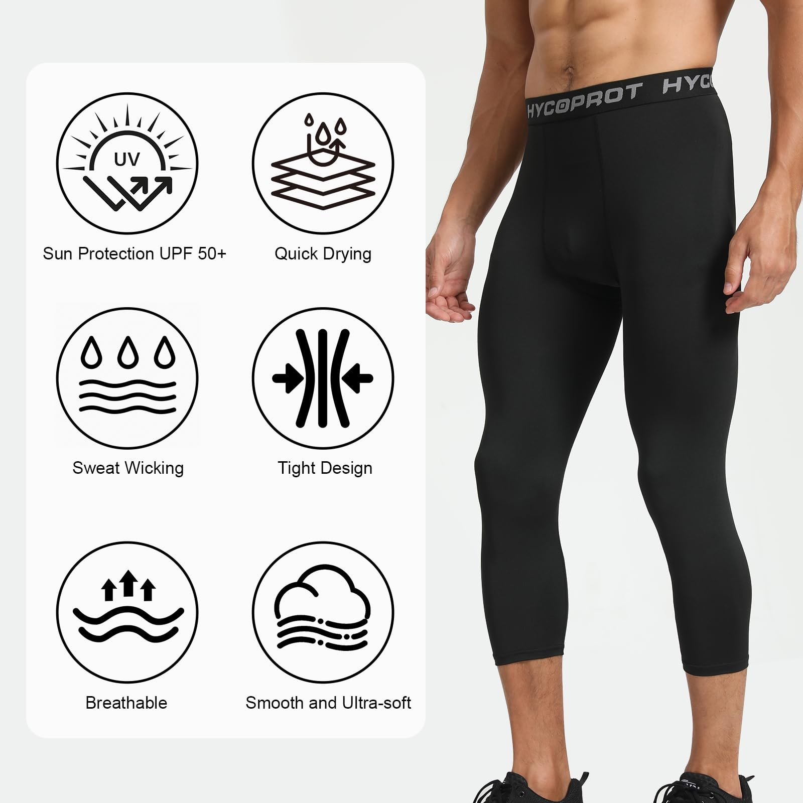 HYCOPROT Herren 3/4 Kompressionshose Schnelltrocknende Laufhose Tights Sport Leggings Atmungsaktiv Funktionsunterhose Tight Hose für Basketball Fitness Joggen