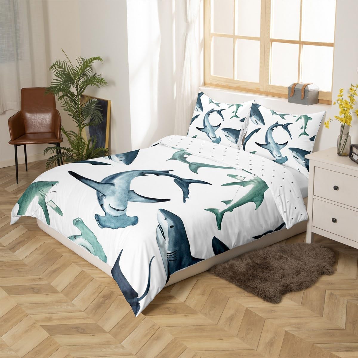 Feelyou Shark Comforter Cover Set Marine Life Ocean Theme Bedding Set for Kids Boys 3D Shark Print Duvet Cover Sea Animal Pattern Bedspread Cover Bedroom Collection 2Pcs Twin Size - Image 2