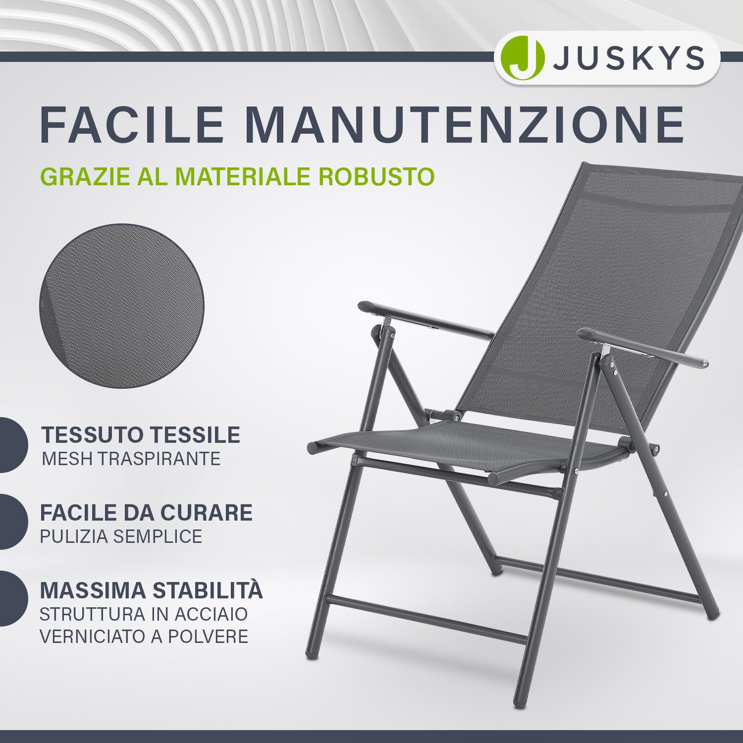 Juskys Sedie da giardino Calena set 4 pezzi antracite – Schienale regolabile in 7 posizioni – pieghevoli con struttura in acciaio e tessuto traspirante
