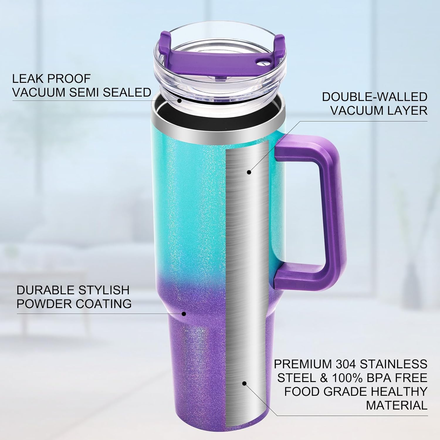 40 oz Tumbler with Handle and Flip Straw Lid, Vacuum Insulated Leak Proof Double Walled Stainless Steel Glitter Travel Mug Tumblers, Maintains Cold Ice and Heat for Hours(Green Purple Gradient) - Image 7