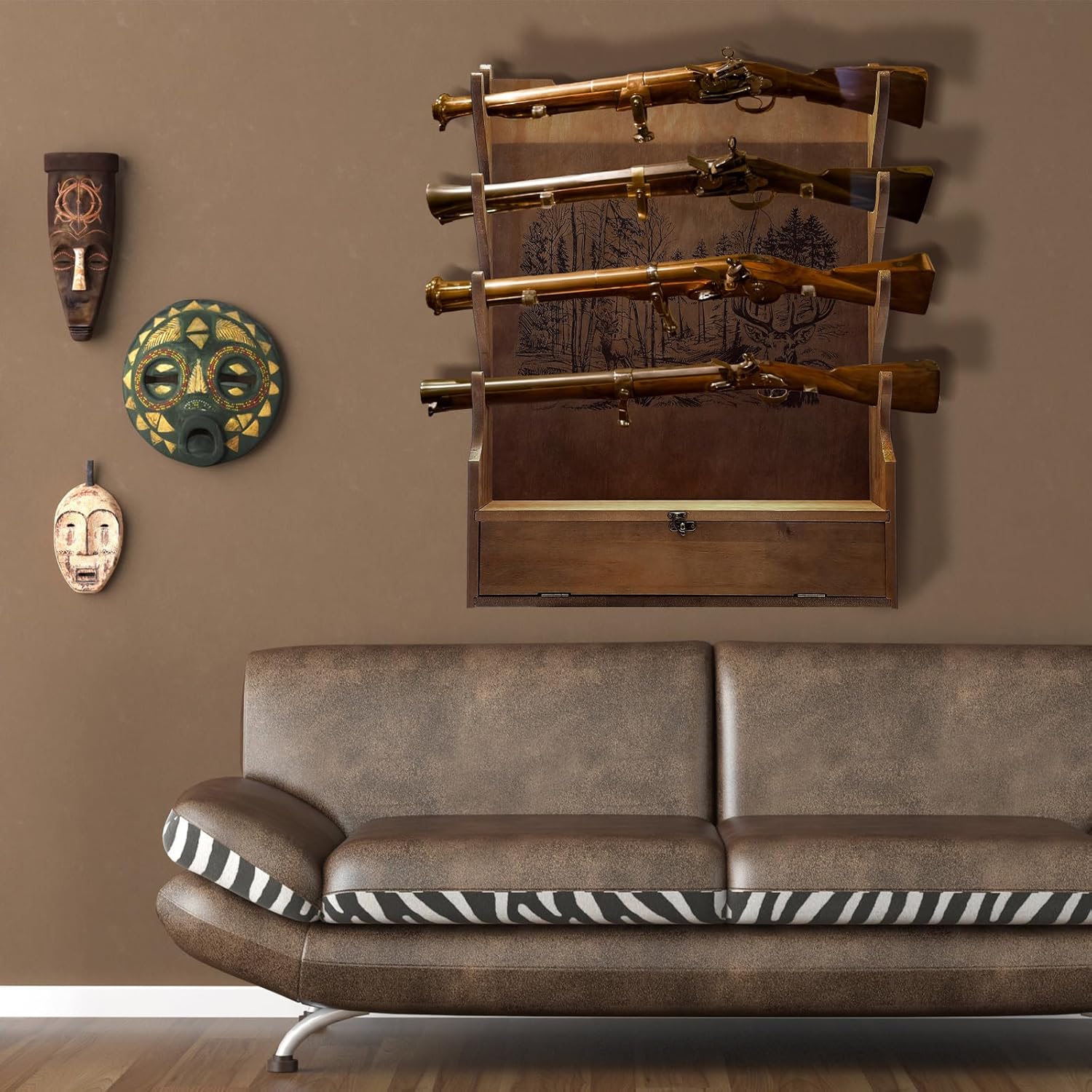 Four Gun Wooden Gun Display Rack with Cabinet Storage Compartment and Soft Pad for Rifle Accessories Shotgun Rifle Rack for Wall Mount Home Indoor Decor