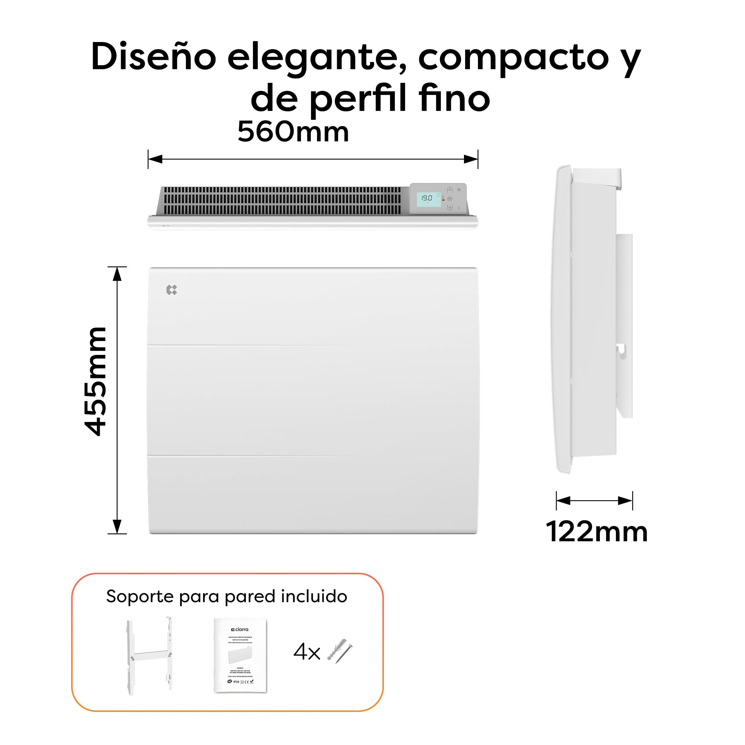 CIARRA Radiador de Inercia 1000W, Calefactor Eléctrico de Pared Inteligente | Emisor Térmico Cerámico Mural con Programación PID y Hebdo, IP24 para Baño o Dormitorio (10-15 m²)-CBHT10E