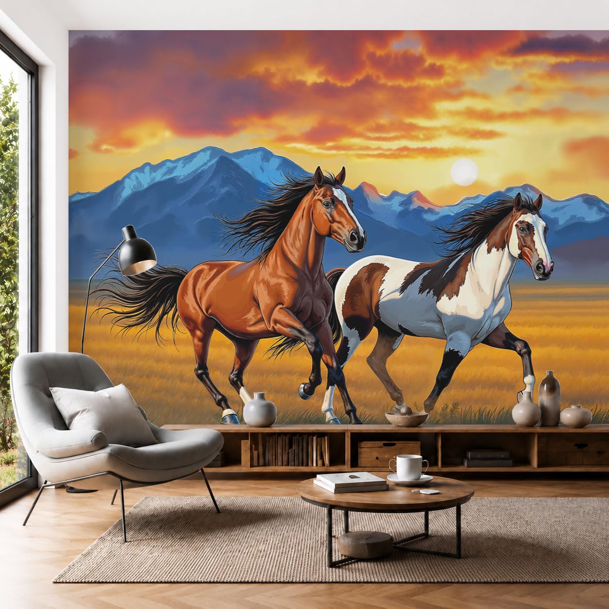 Carta da Parati Moderna per Soggiorno, Illustrazioni di animali Tramonto sulla cima del monte Junma, 300x210cm | Fotomurali in Seta, Decorazione da Muro XXL, Carte da Parati Moderne Arancia