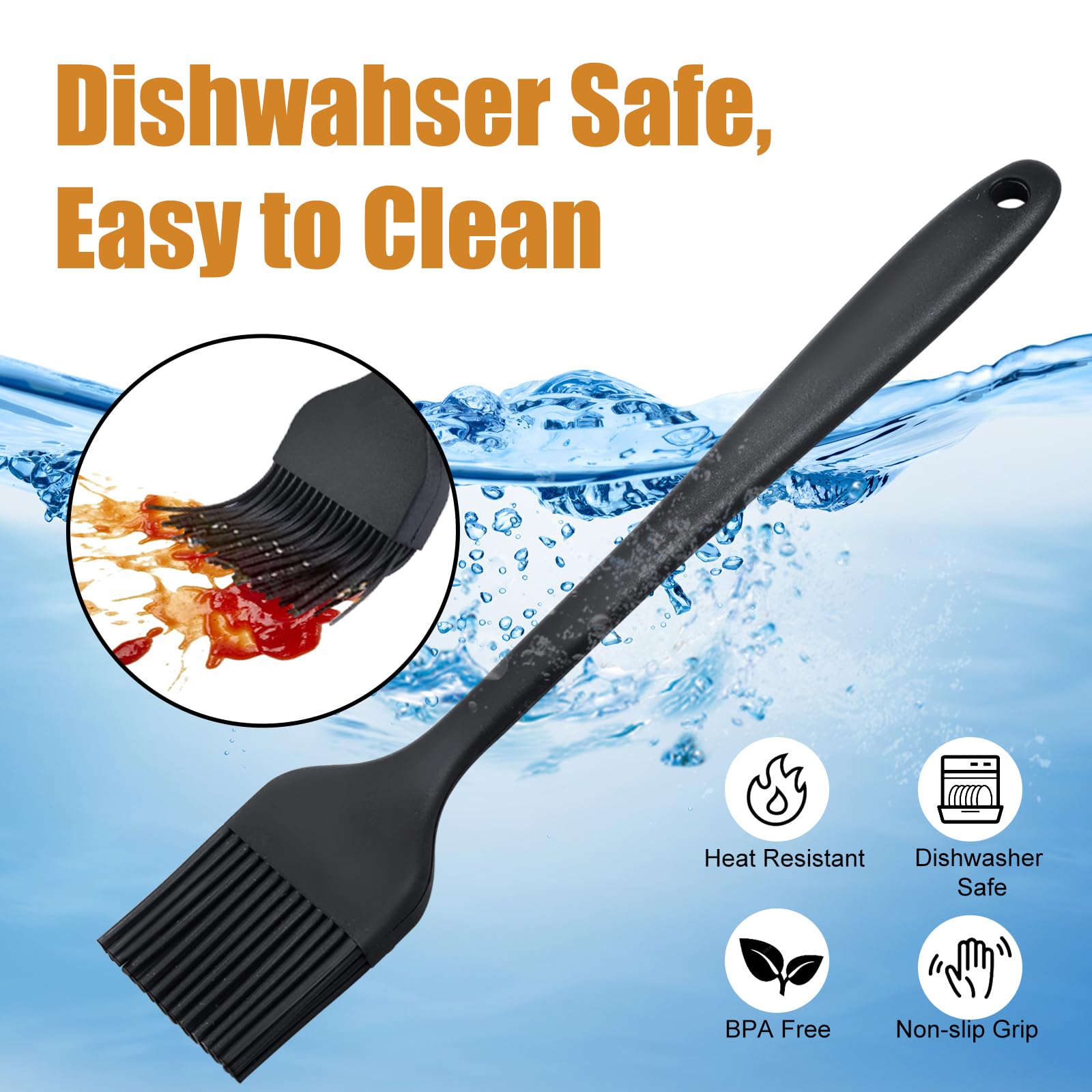 Pennello in silicone per cucinare 2 pennelli da pasticceria per grigliare, olio, barbecue, carne, salse, cottura al forno, (nero)