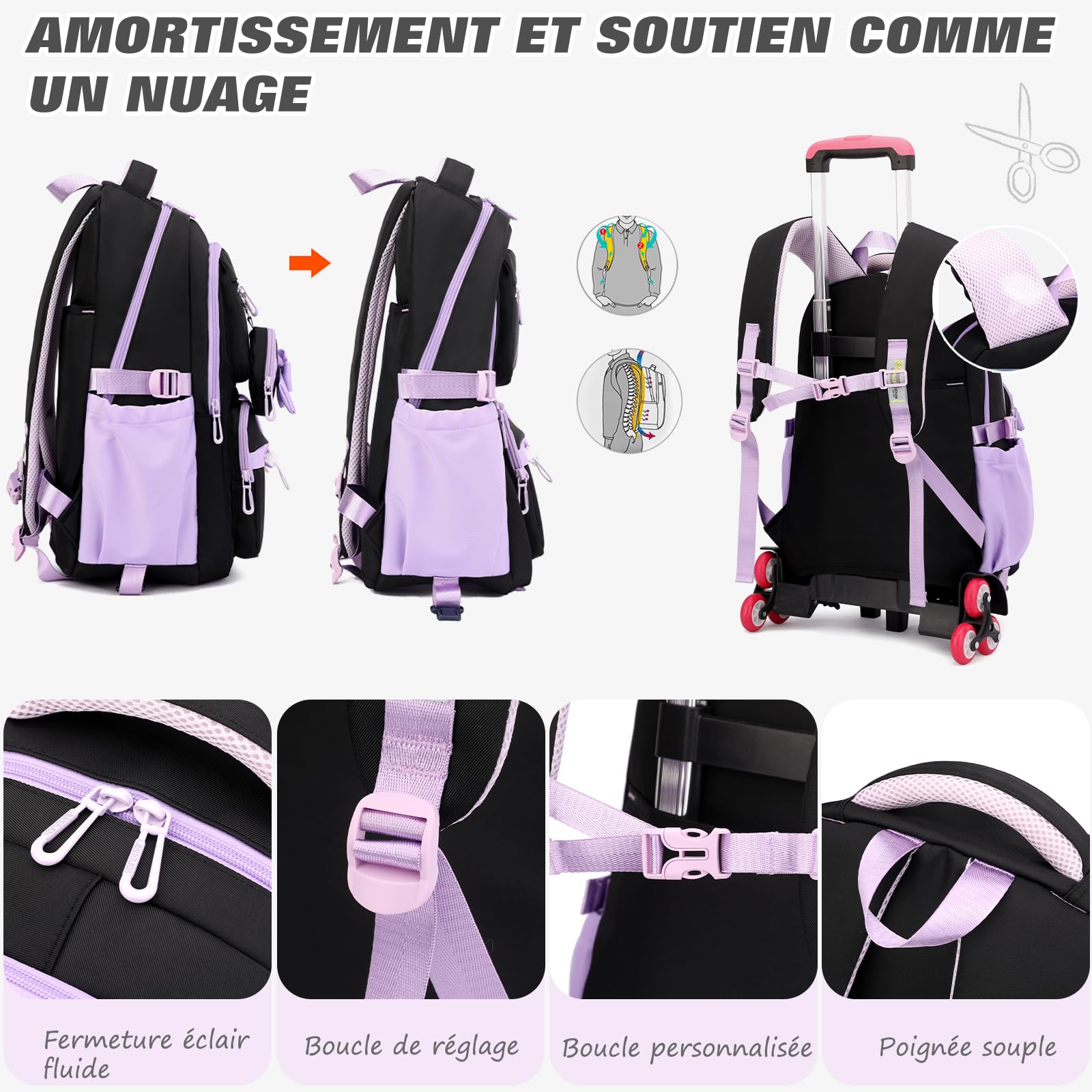FANDARE Sac à Dos PC Portable 15.6 Pouces Grande Capacité Sac à dos à roulettes 35L pour Fille Étudiante Cartable Scolaire avec 6 Roues Multipoches Imperméable pour Voyage Collège Lilas