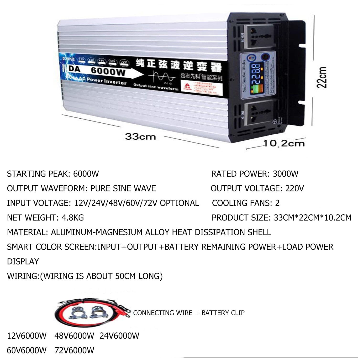 Inversor Potencia,Inversor Onda Sinusoidal Pura,Conversión De Alta Frecuencia,Sin Distorsión,con Pantalla LCD,2 Tomas Ca 2 Ventiladores Convección,para Camión,Hogar,6000W-72Vto220V