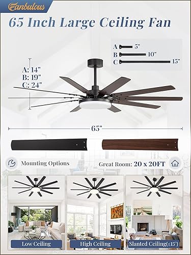 Miniatura 5 de Ventiladores de techo grandes de 65 pulgadas con luces y control remoto, ventilador de techo negro para exteriores con 10 aspas, luz LED de 32 W, 3