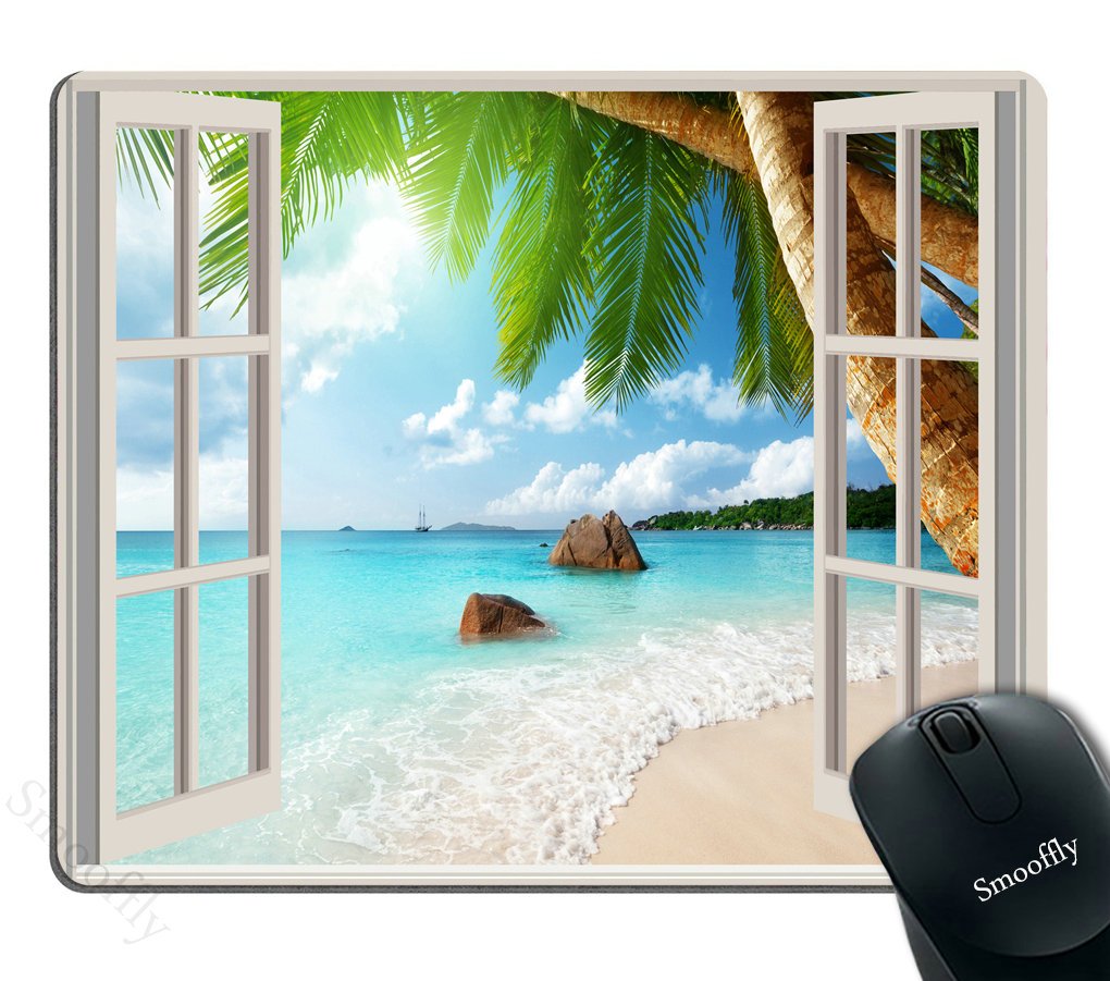 Smooffly Gaming Mouse Pad Custom,Sea Wonderful View Ocean Sunshine Splendor Paradise Palm with White Wooden Windows Mouse pad 9.5 X 7.9 Inch