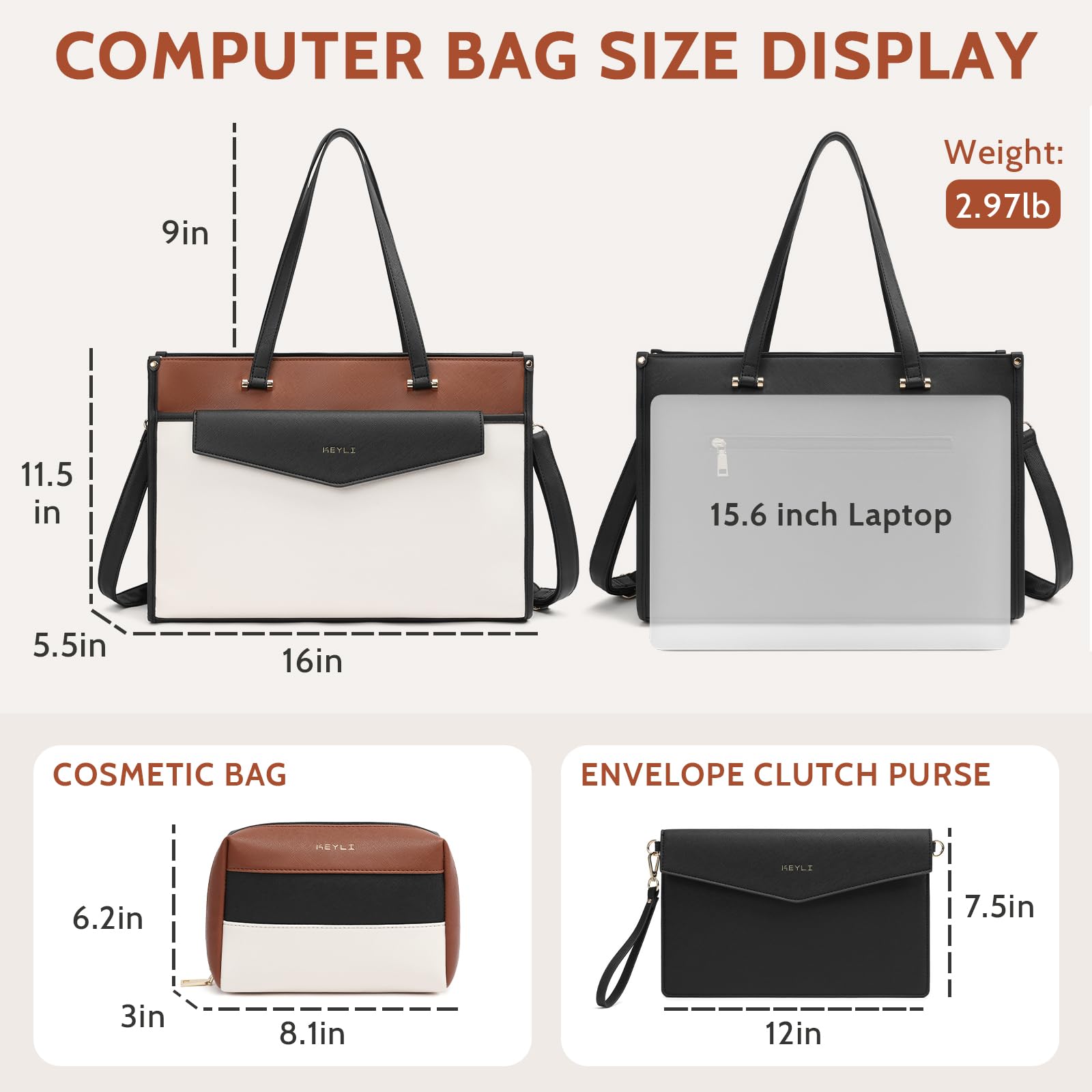 Keyli 3pc Sets Laptop Bag for Women, 15.6 Inch Lightweight Work Tote Bags Waterproof Leather Professional Computer Briefcase Shoulder Handbag Beige Crossbody Purses for Business, Office, Travel