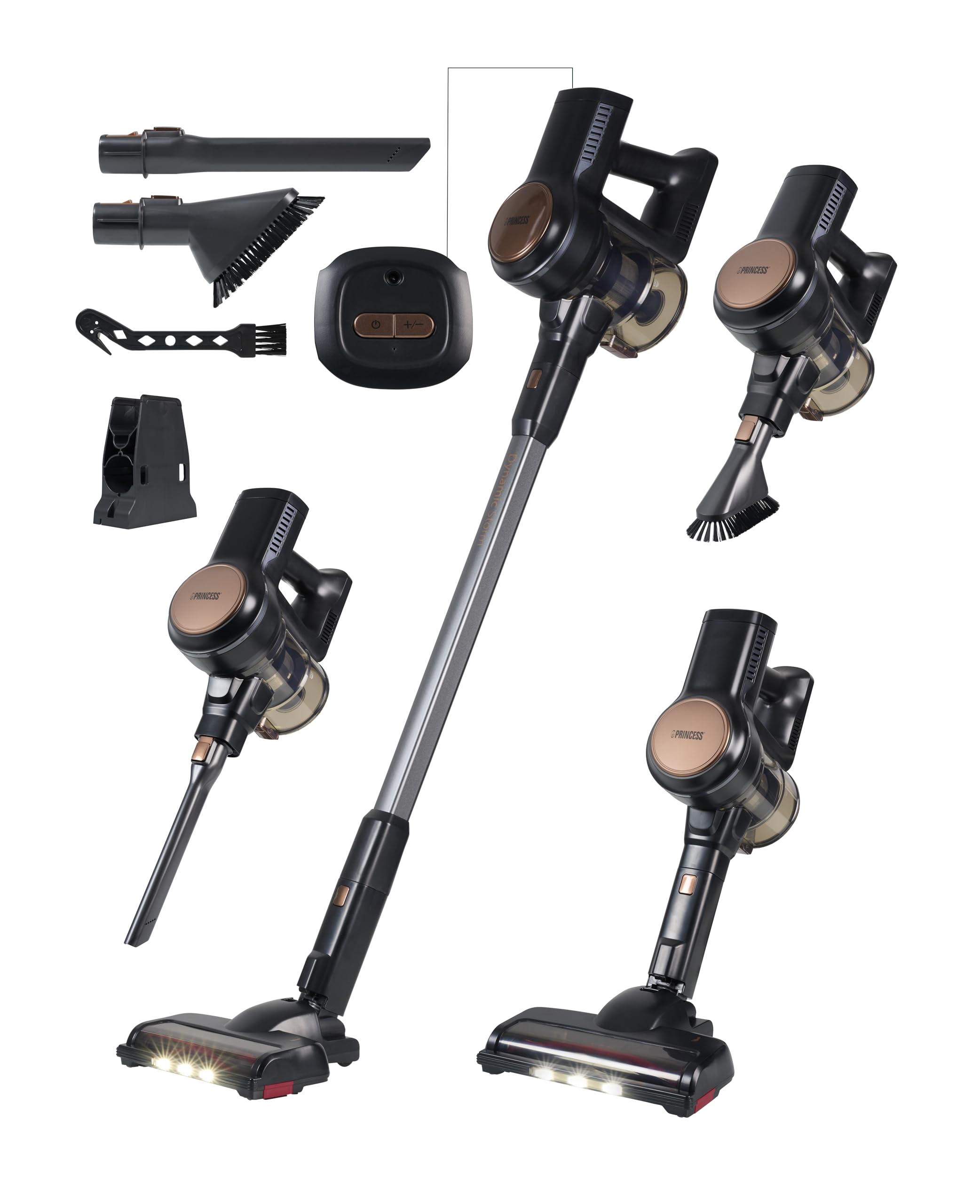 Princess Dynamic Storm 339390 - Potente Motor sin escobillas - Vaciado higiénico del depósito - 30 Minutos de Limpieza sin Cables - Cepillo motorizado - LED - posición de Espera - Modo portátil
