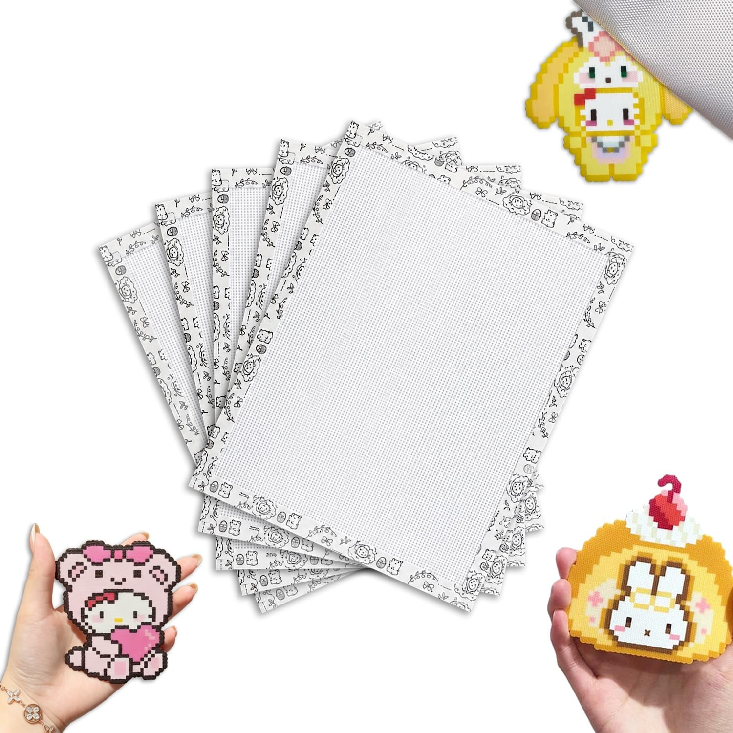 WHOLOPL 5-Pack Perler Beads Ironing Paper, 5.9x7.9 Inch Non-Stick & Reusable for Fuse Bead Crafts, with Cute Hamster & Lotus Edge Binding