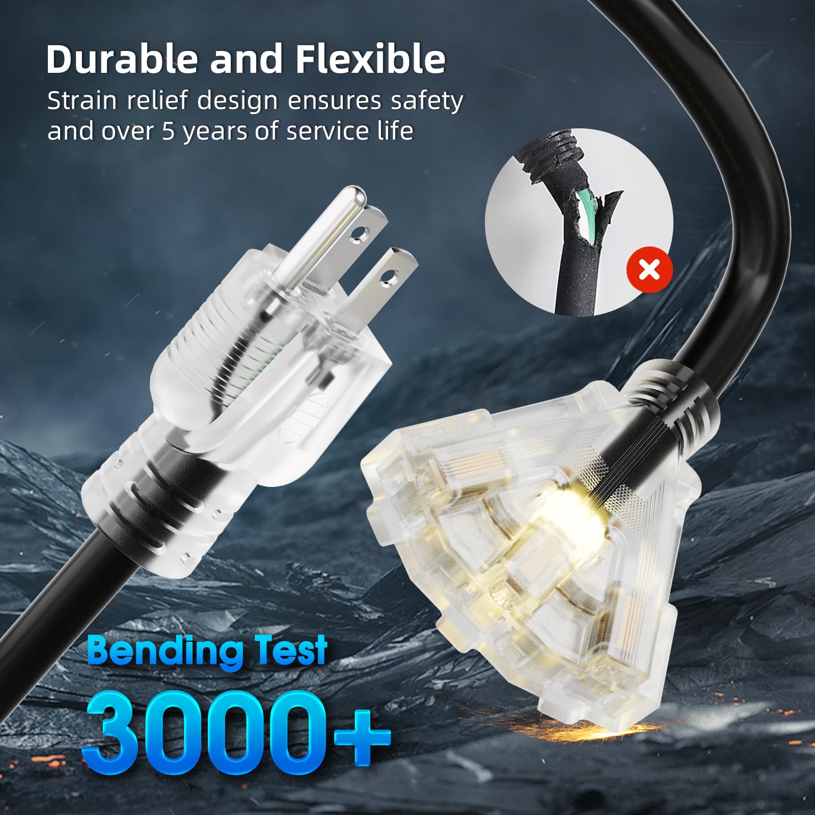 Cable de extensión para exteriores, 25 m, multienchufe, calibre 12, impermeable, color negro, cable de extensión con 3 enchufes, cable de alimentación de 3 pines para luz indicadora