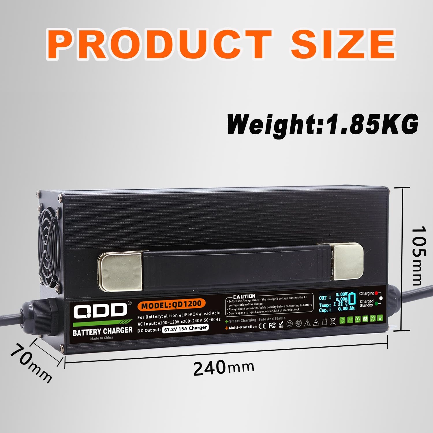 QDD Cargador de batería de litio de 60 V, 67,2 V, 16S, 15 A, de alta potencia, pantalla OLED inteligente, carcasa de metal