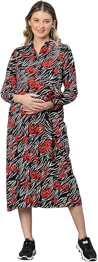 oxolloxo Women Floral Print Collared Belted Maternity Dress