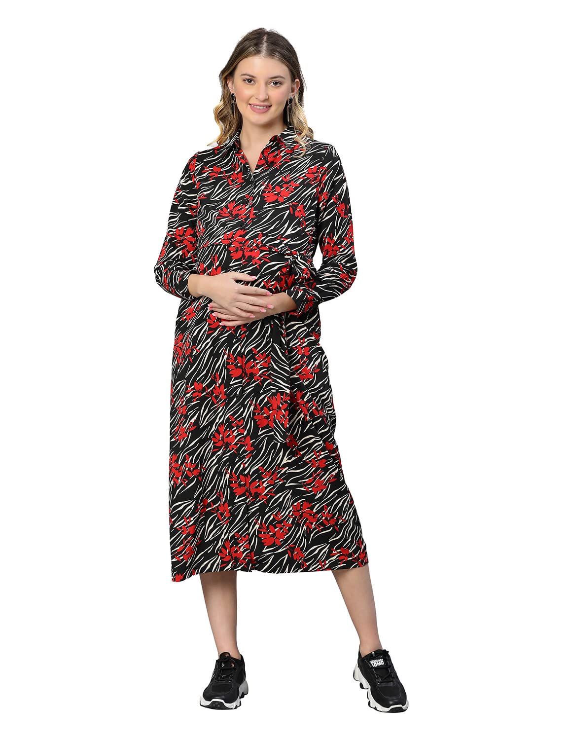 oxolloxo Women Floral Print Collared Belted Maternity Dress