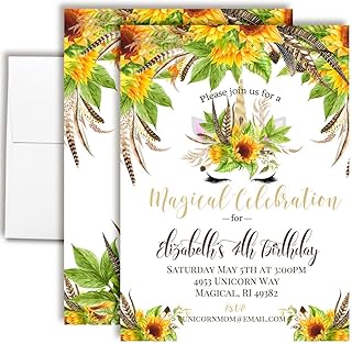 Boho Party Invitations Custom Birthday Invitations with Watercolor Sunfl...