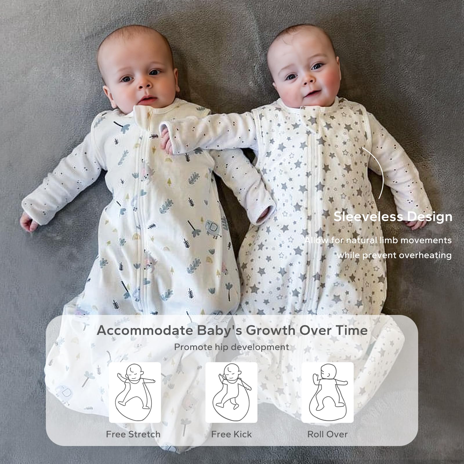 LILBESTIE Baby Sleep Bag 1.0 TOG, 100% Cotton Summer Baby Sleeping Bag 0-6 Months, 2 Pack Baby Wearable Blanket, Elephants & Stars - Image 4