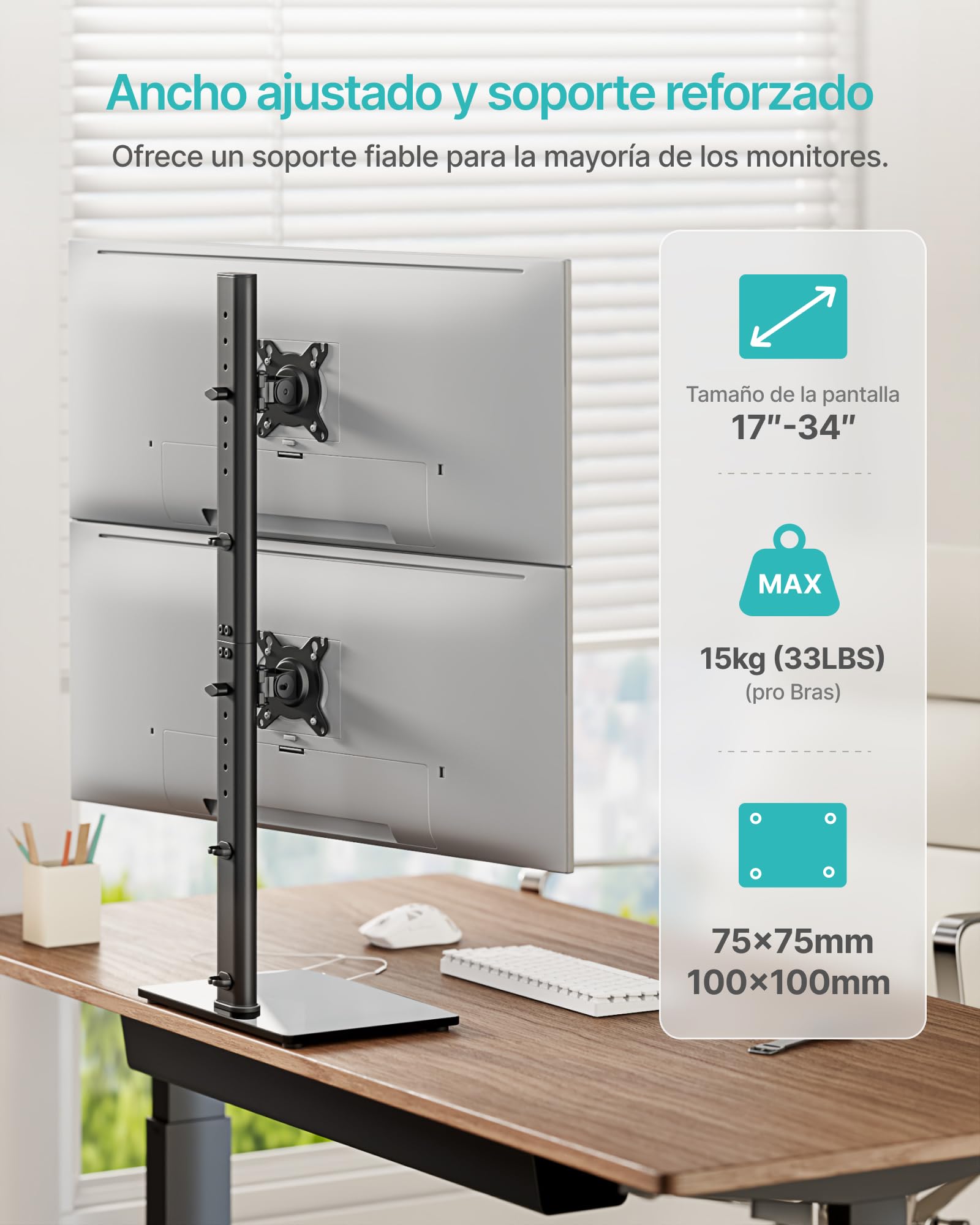 PEGZONE Soporte vertical doble para monitores 43,2-86,4 cm 17-34 pulgadas, VESA 75/100, 15kg por brazo
