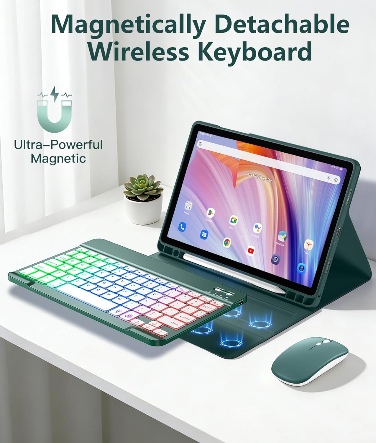 Harvopu for Galaxy Tab A11 Plus/A9 Plus 11" Case with Keyboard-Wireless Mouse Backlit Detachable Keyboard Stain-Resistant Cover with Pen Holder for Galaxy A11+/A9+ 5G Tablet Case 11-inch,Pinegreen