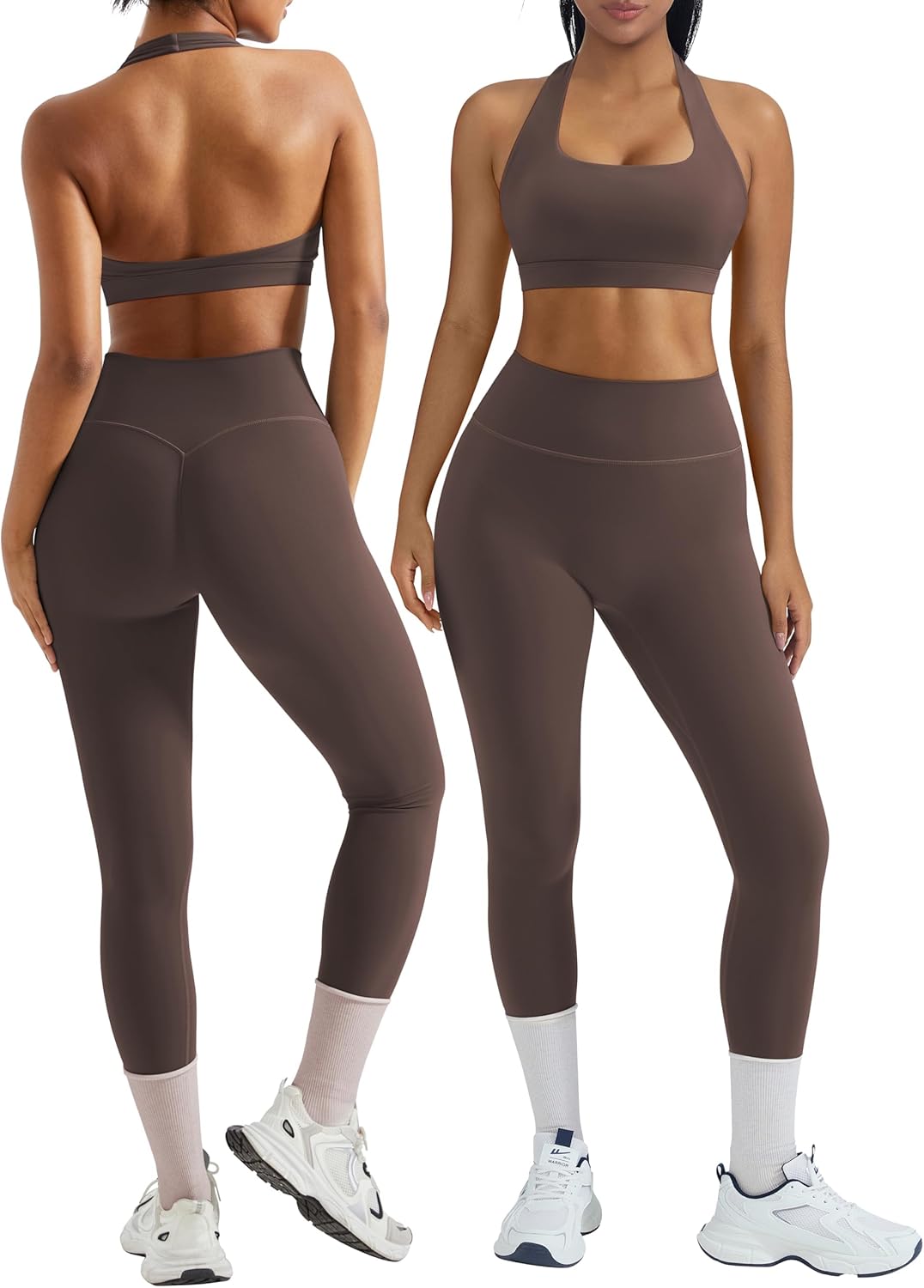 OMKAGI 2 Piece Workout Sets for Women Halter Sports Bras Gym Sets Booty Leggings Outfits