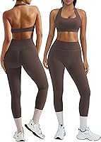 OMKAGI Women's 2-Piece Halter Workout Set: Backless Sports Bra & Scrunch Booty Leggings for Gym Yoga Pilates