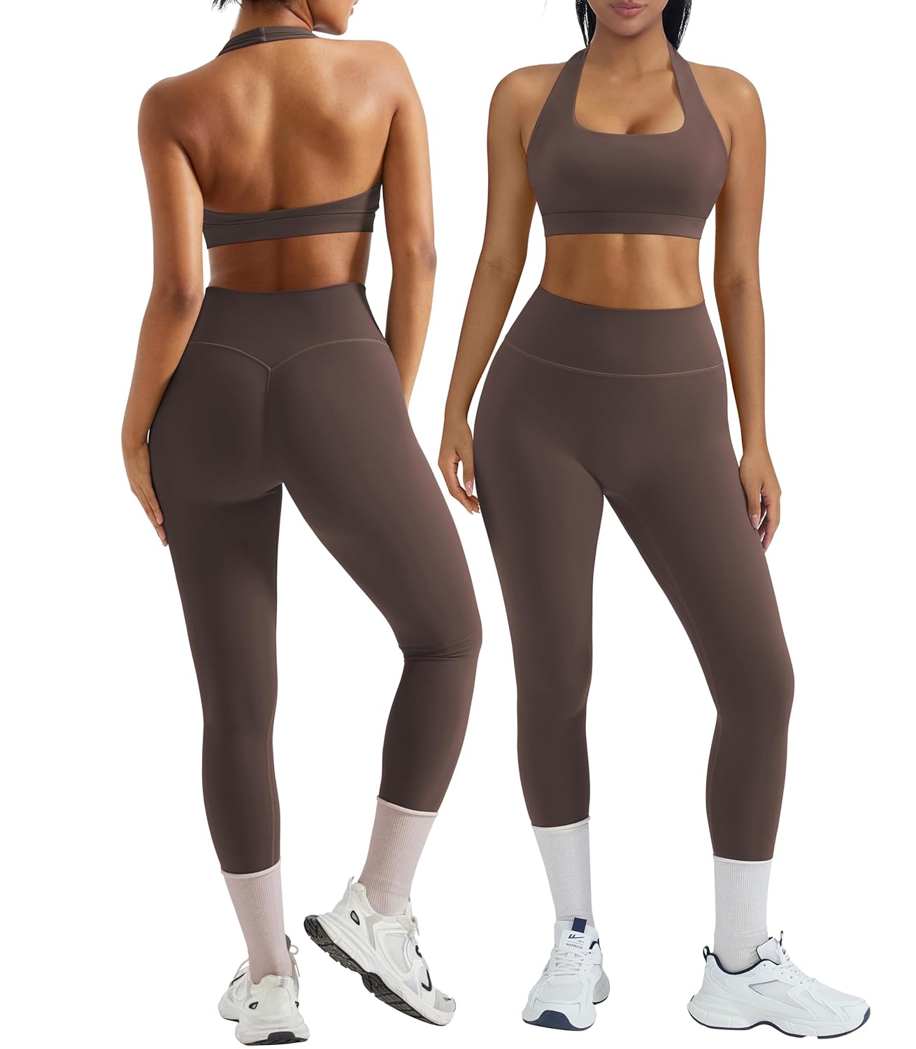 OMKAGI 2 Piece Workout Sets for Women Halter Sports Bras Gym Sets Booty Leggings Outfits